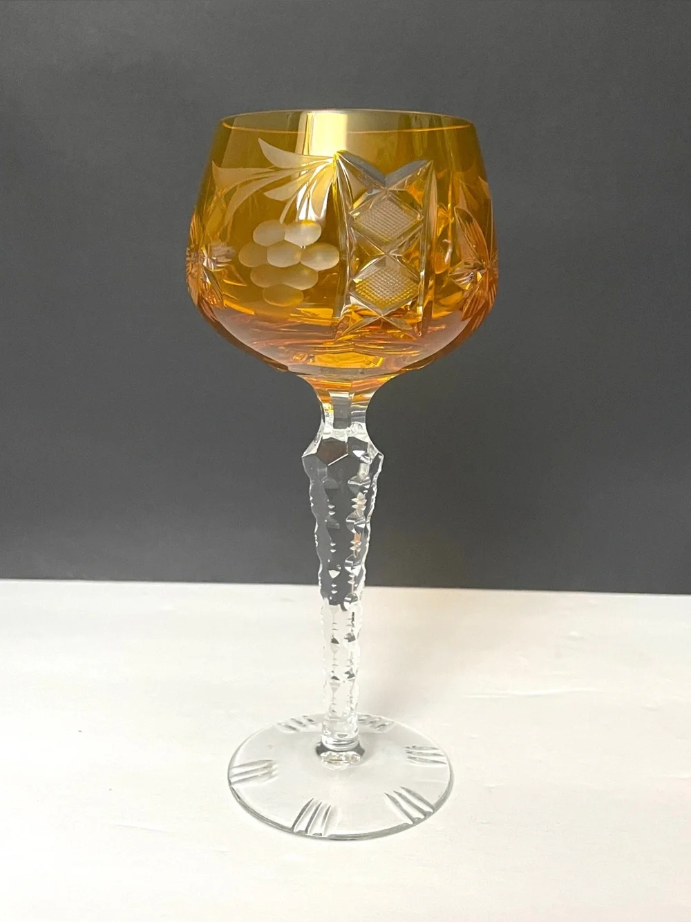 VTG Nachtmann Traube Amber Cut-to-Clear Crystal Wine Hock Glass Germany, 8” Tall